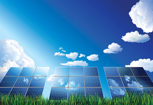 Photo of Photovoltaic panels against a blue sky.